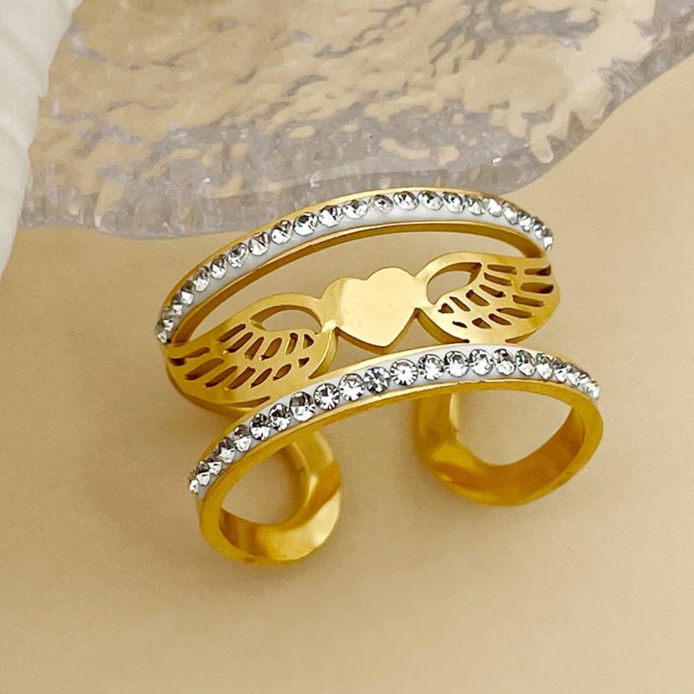 3/$35 Gold Plated Heart Wings Open Ring Stainless Cubic Zirconia Diamond